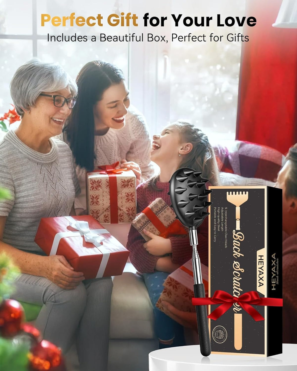 Telescoping Back Scratcher with 5 Detachable Heads – Extendable Metal Back Scratcher Gift Set for Men & Women