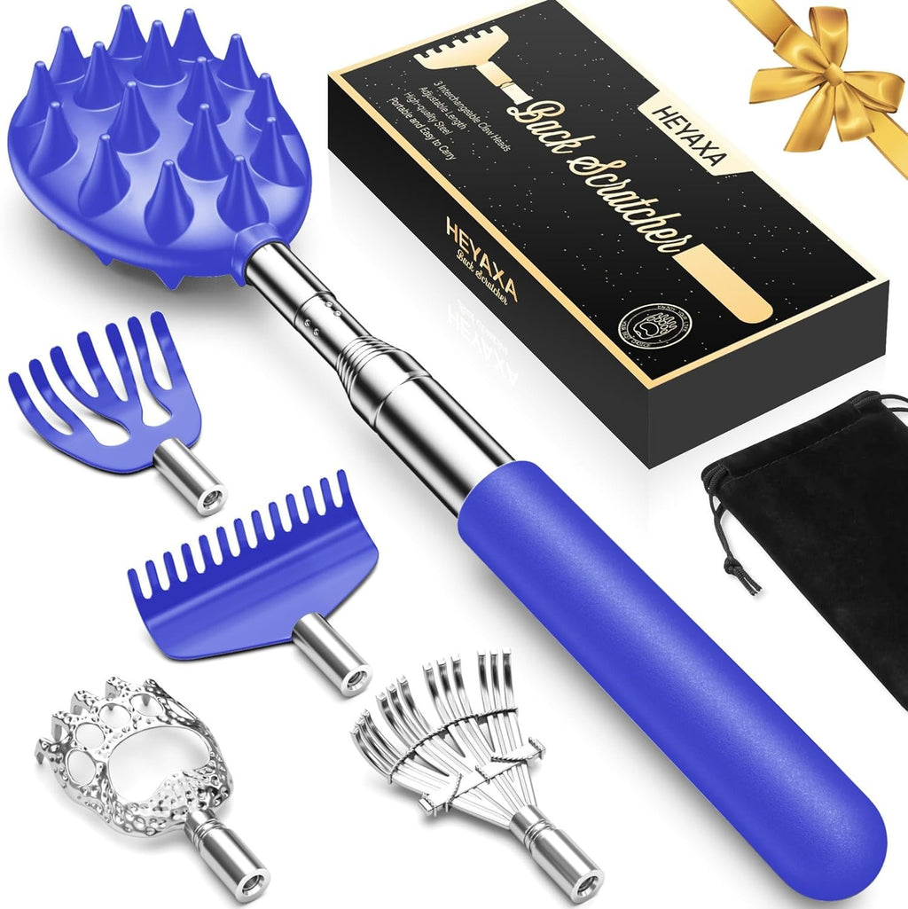 Telescoping Back Scratcher with 5 Detachable Heads – Extendable Metal Back Scratcher Gift Set for Men & Women
