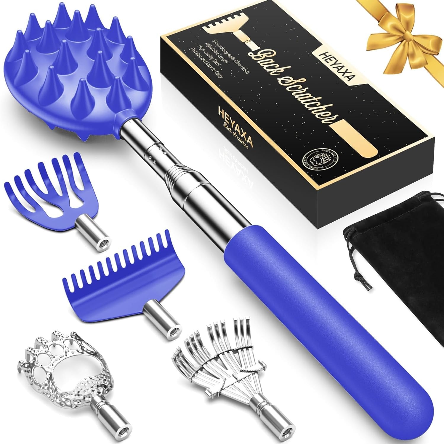 Telescoping Back Scratcher with 5 Detachable Heads – Extendable Metal Back Scratcher Gift Set for Men & Women