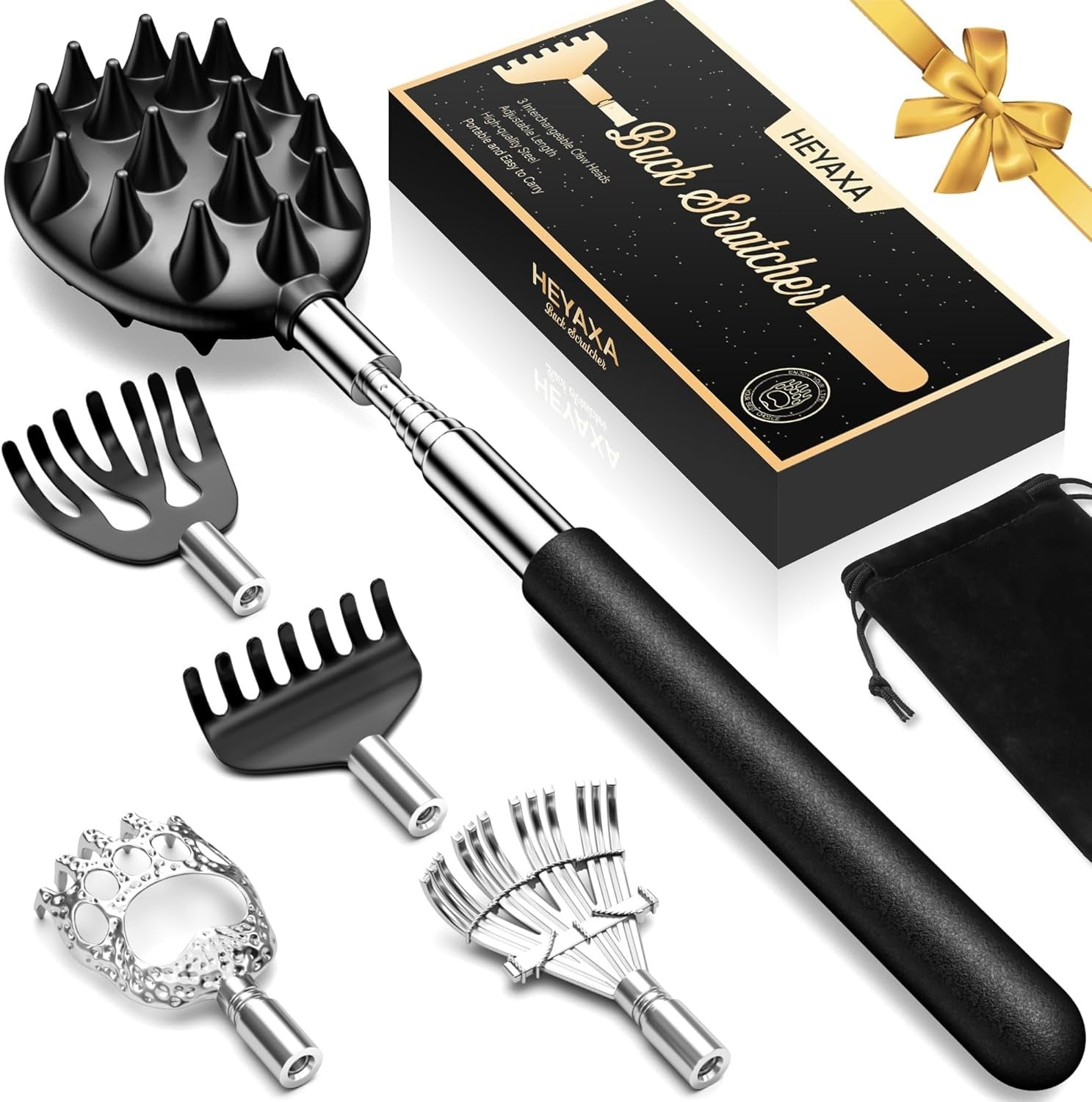 Telescoping Back Scratcher with 5 Detachable Heads – Extendable Metal Back Scratcher Gift Set for Men & Women